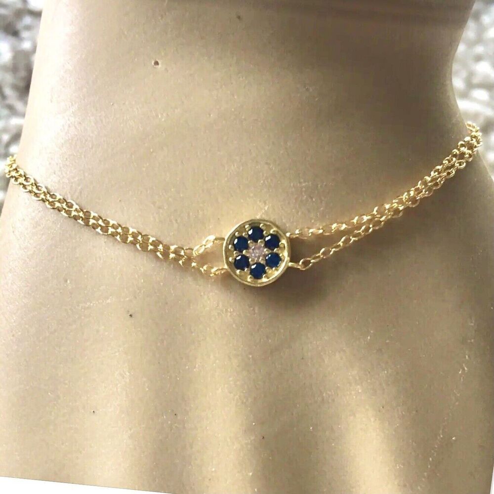 18K Gold Over Sterling Silver Bracelet Blue Cubic Zirconia Delicate Trace Chain
